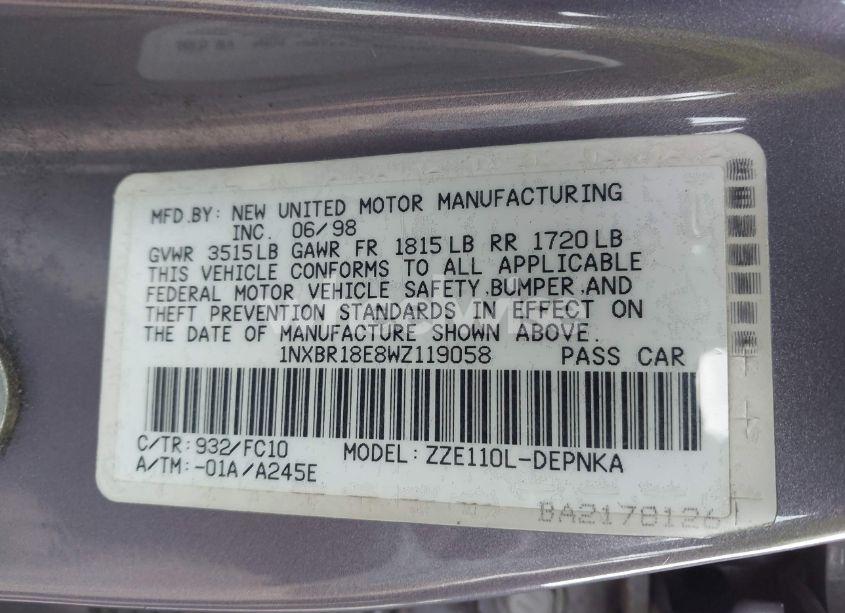 Photo 9 of 1998 Toyota Corolla CE/LE/VE (VIN 1NXBR18E8WZ119058)