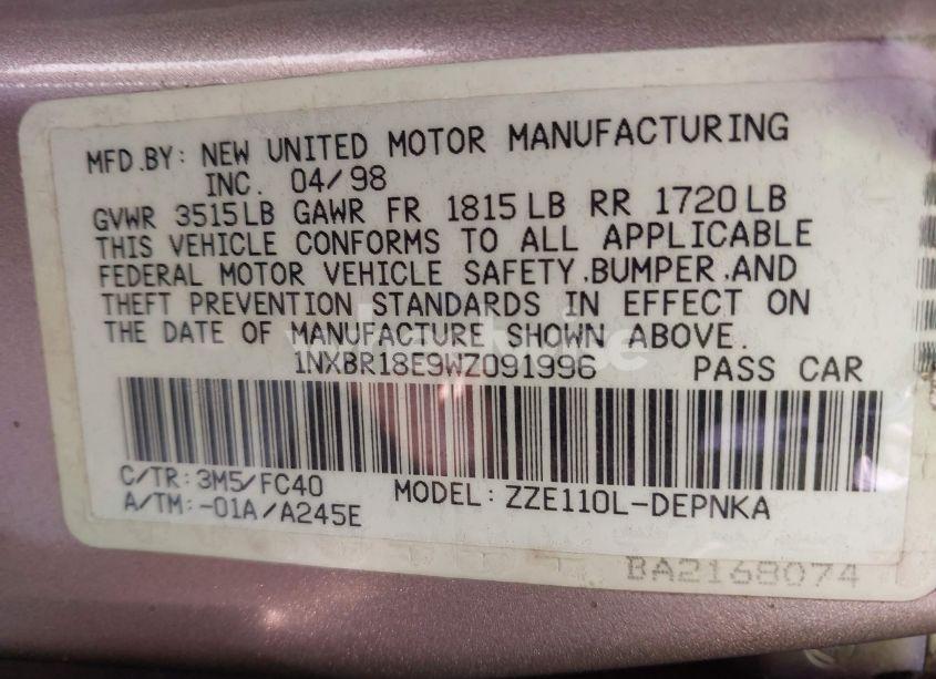 Photo 9 of 1998 Toyota Corolla CE/LE/VE (VIN 1NXBR18E9WZ091996)