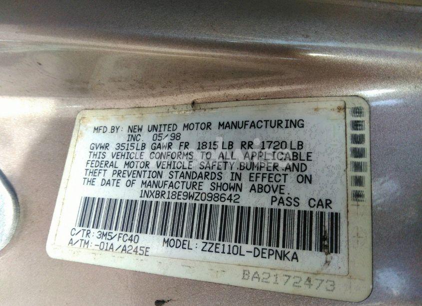 Photo 9 of 1998 Toyota Corolla LE (VIN 1NXBR18E9WZ098642)