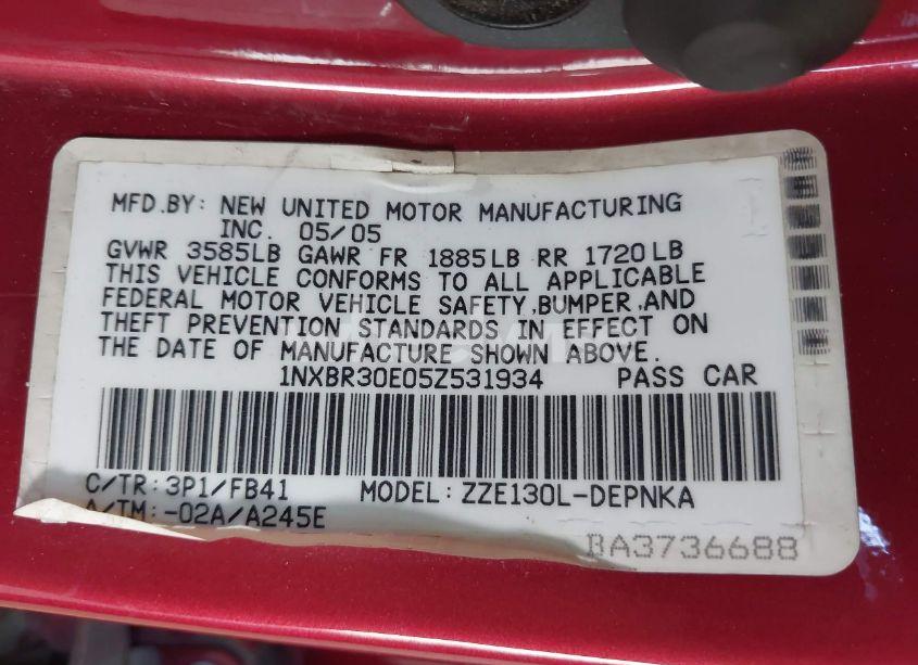 Photo 9 of 2005 Toyota Corolla LE (VIN 1NXBR30E05Z531934)