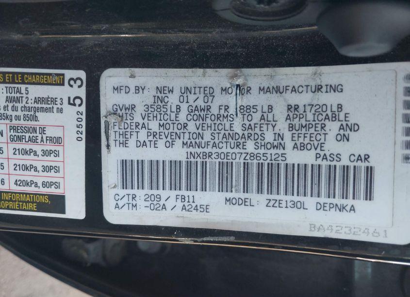 Photo 9 of 2007 Toyota Corolla LE (VIN 1NXBR30E07Z865125)