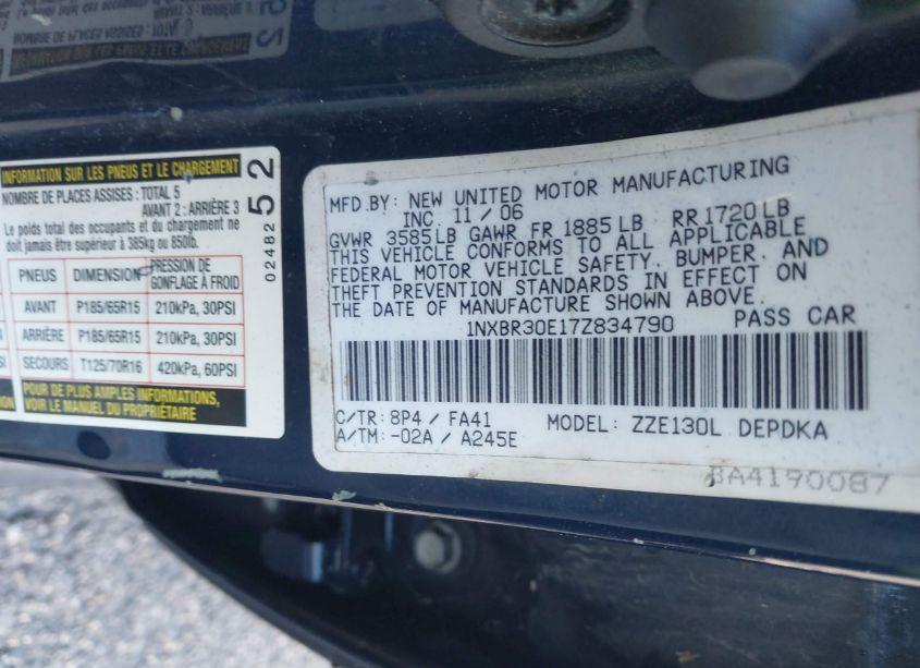 Photo 9 of 2007 Toyota Corolla CE (VIN 1NXBR30E17Z834790)