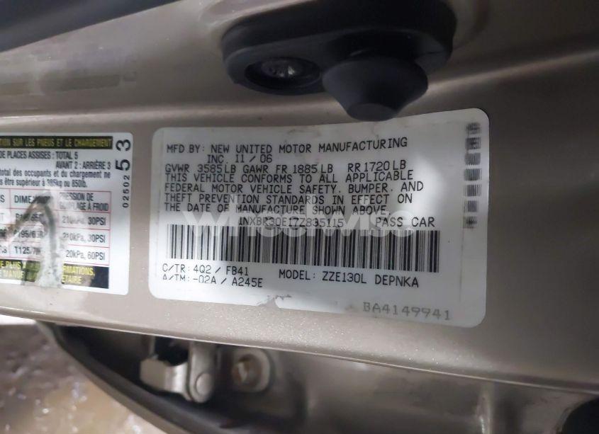 Photo 9 of 2007 Toyota Corolla LE (VIN 1NXBR30E17Z835115)