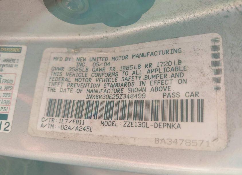 Photo 9 of 2005 Toyota Corolla LE (VIN 1NXBR30E25Z348499)