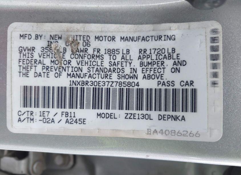 Photo 9 of 2007 Toyota Corolla LE (VIN 1NXBR30E37Z785804)