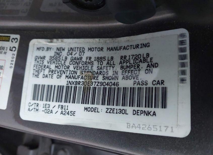 Photo 9 of 2007 Toyota Corolla LE (VIN 1NXBR30E37Z904046)