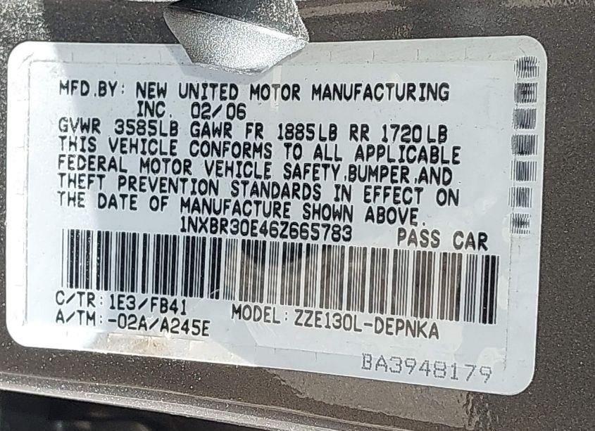 Photo 9 of 2006 Toyota Corolla LE (VIN 1NXBR30E46Z665783)