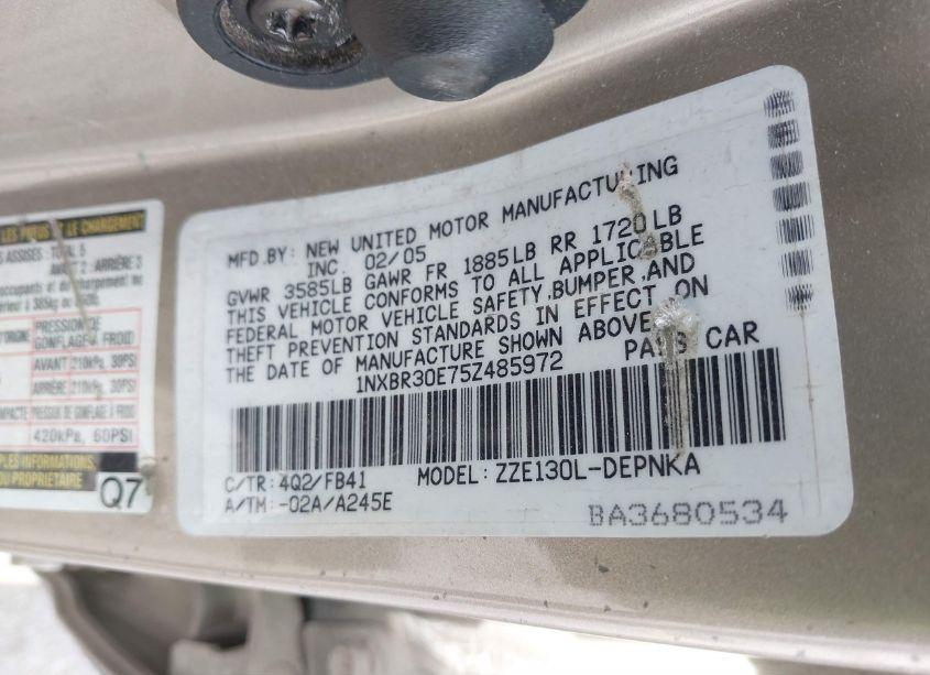 Photo 9 of 2005 Toyota Corolla LE (VIN 1NXBR30E75Z485972)