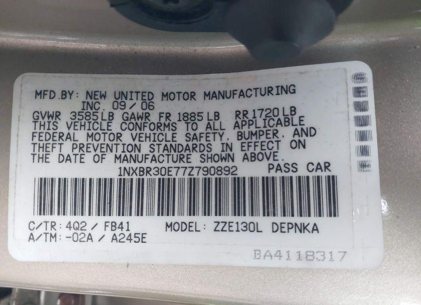 Photo 9 of 2007 Toyota Corolla LE (VIN 1NXBR30E77Z790892)