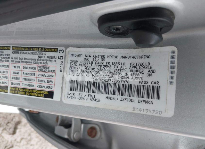 Photo 9 of 2007 Toyota Corolla LE (VIN 1NXBR30E77Z837970)