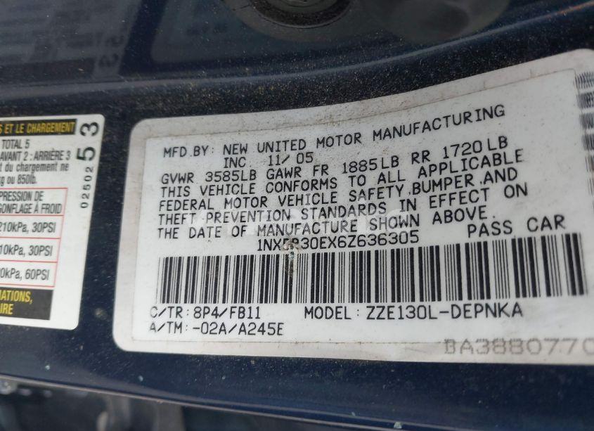 Photo 9 of 2006 Toyota Corolla LE (VIN 1NXBR30EX6Z636305)