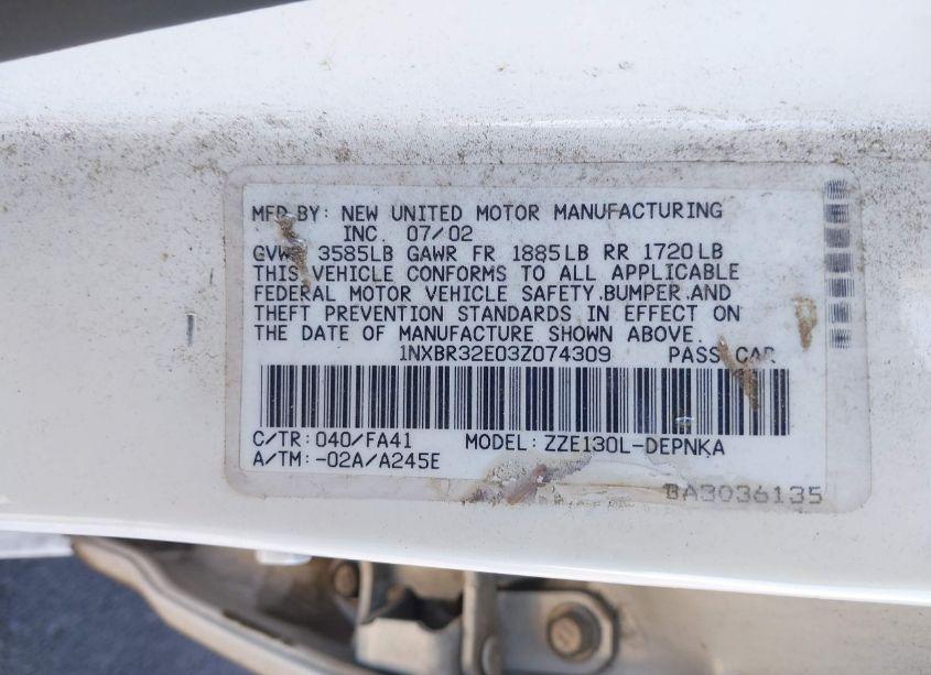 Photo 9 of 2003 Toyota Corolla LE (VIN 1NXBR32E03Z074309)