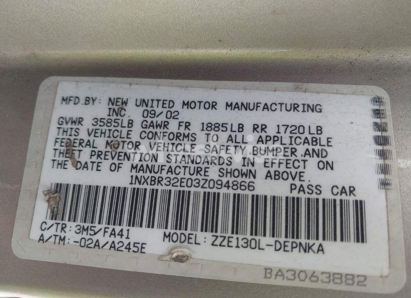 Photo 9 of 2003 Toyota Corolla LE (VIN 1NXBR32E03Z094866)