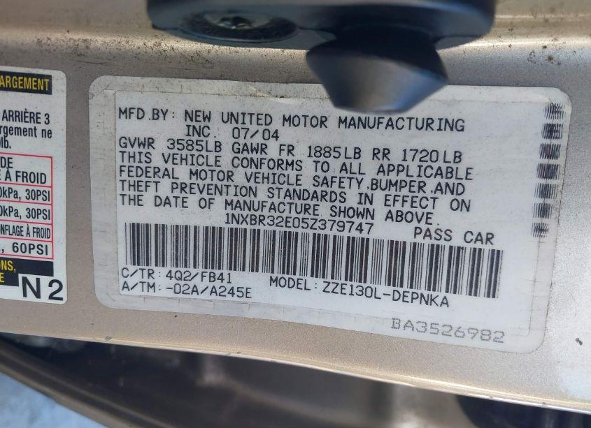 Photo 9 of 2005 Toyota Corolla CE/LE/S (VIN 1NXBR32E05Z379747)