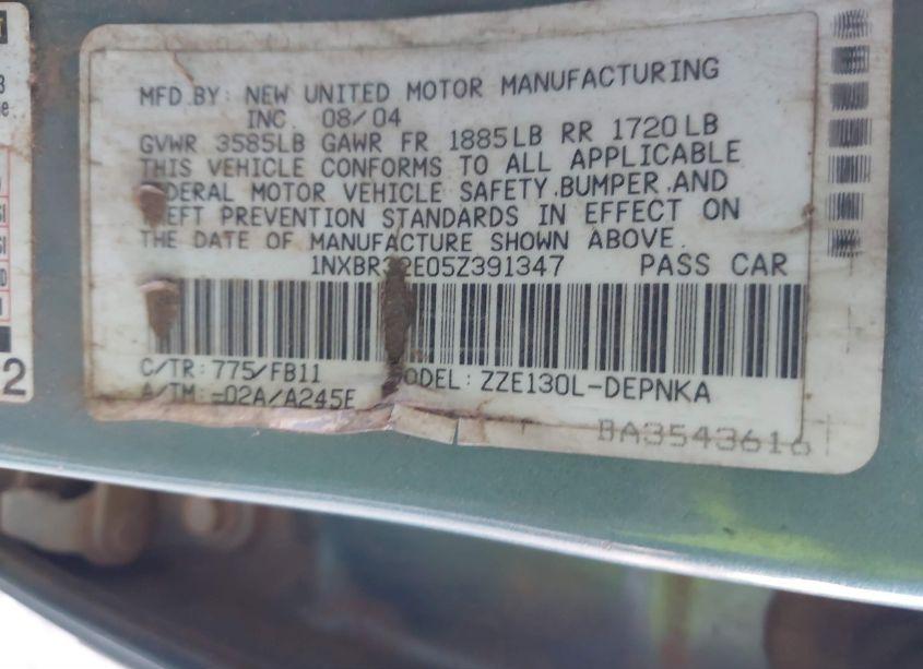 Photo 9 of 2005 Toyota Corolla LE (VIN 1NXBR32E05Z391347)