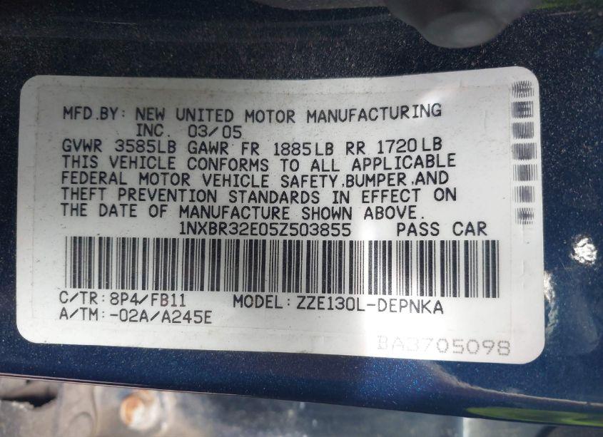 Photo 9 of 2005 Toyota Corolla LE (VIN 1NXBR32E05Z503855)