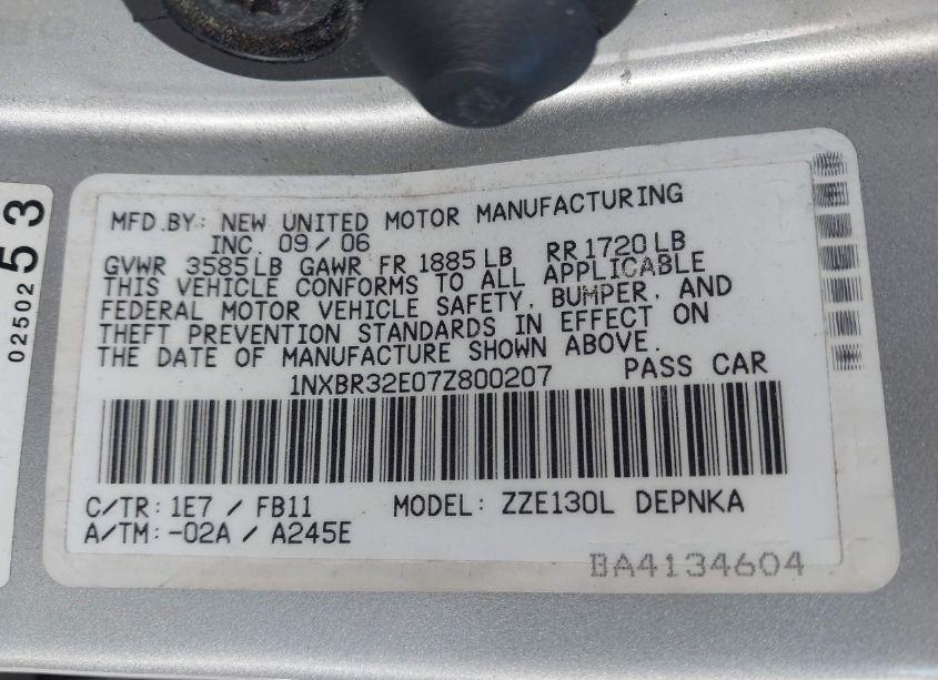 Photo 9 of 2007 Toyota Corolla LE (VIN 1NXBR32E07Z800207)