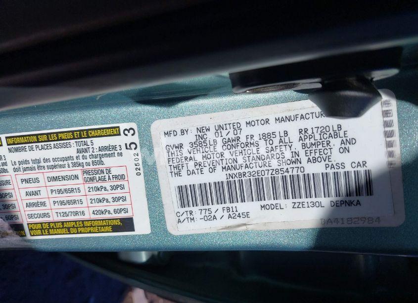 Photo 9 of 2007 Toyota Corolla LE (VIN 1NXBR32E07Z854770)