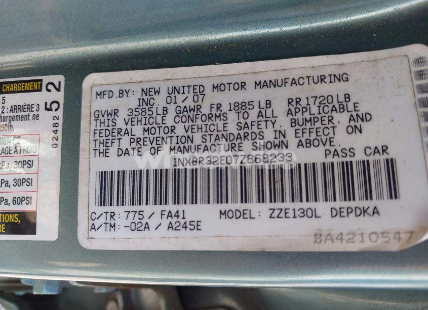 Photo 9 of 2007 Toyota Corolla CE/LE/S (VIN 1NXBR32E07Z868233)