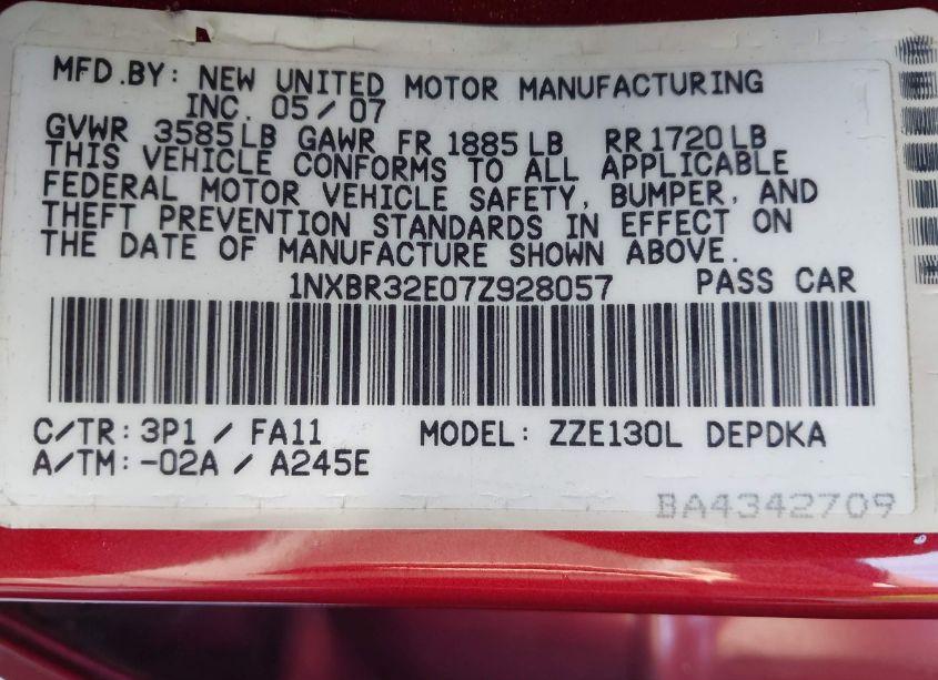 Photo 9 of 2007 Toyota Corolla CE (VIN 1NXBR32E07Z928057)