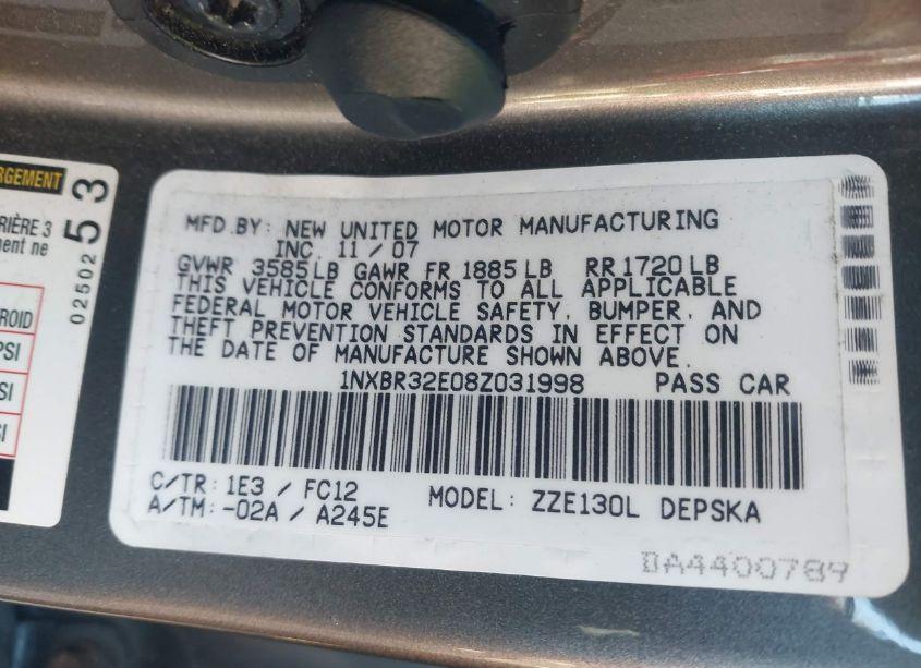 Photo 9 of 2008 Toyota Corolla S (VIN 1NXBR32E08Z031998)