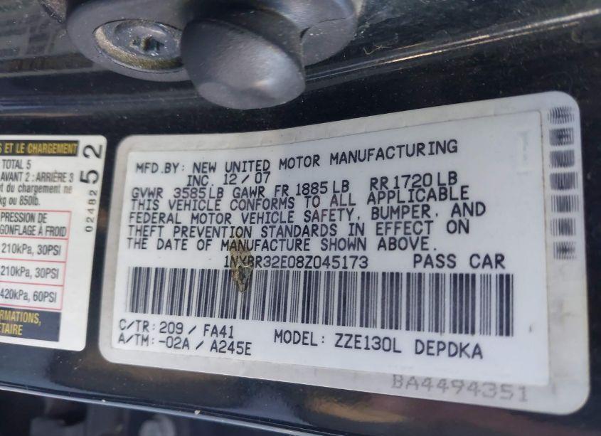 Photo 9 of 2008 Toyota Corolla CE (VIN 1NXBR32E08Z045173)