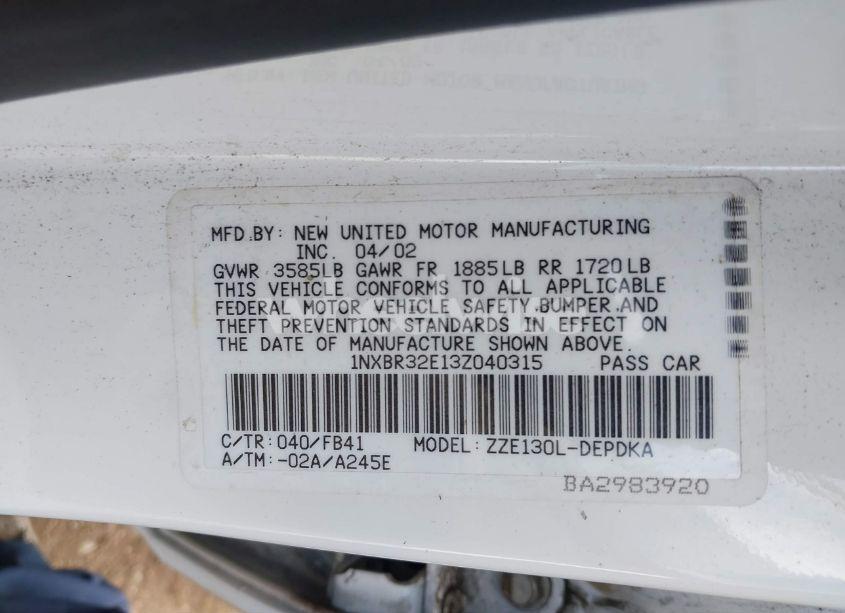 Photo 9 of 2003 Toyota Corolla CE (VIN 1NXBR32E13Z040315)