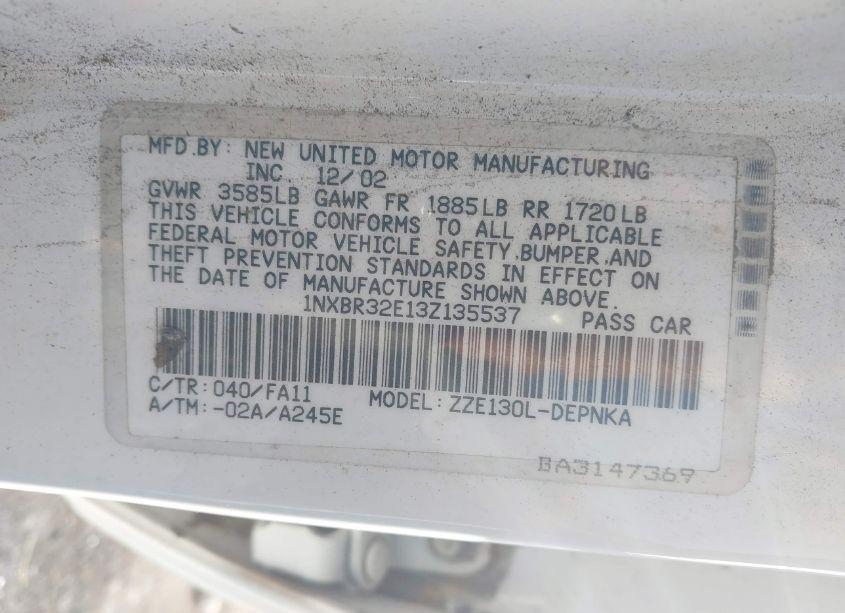 Photo 9 of 2003 Toyota Corolla LE (VIN 1NXBR32E13Z135537)