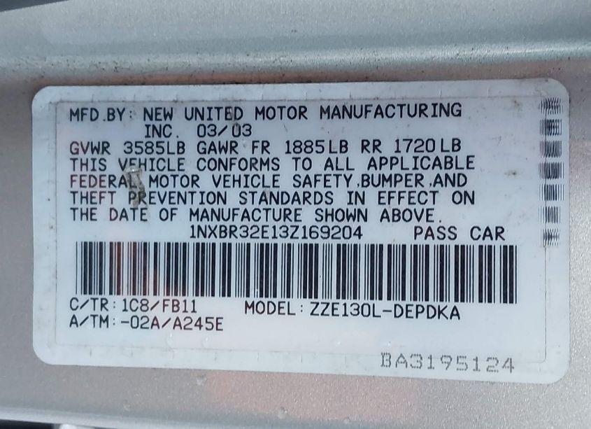 Photo 9 of 2003 Toyota Corolla CE (VIN 1NXBR32E13Z169204)