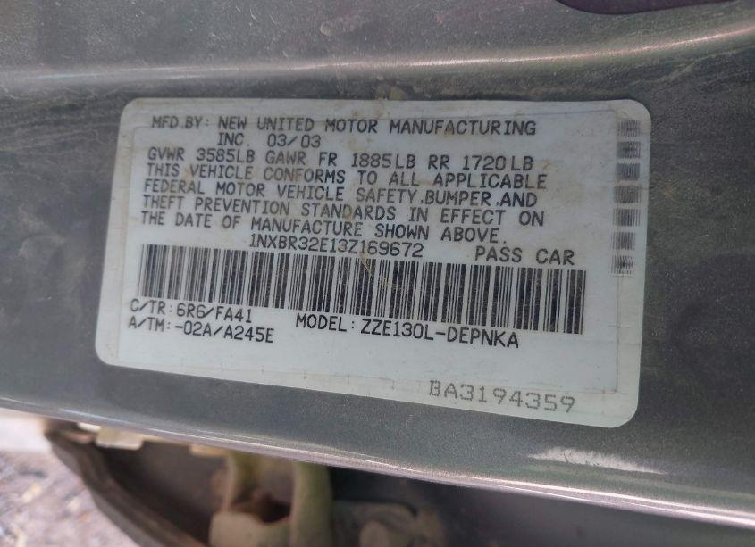 Photo 9 of 2003 Toyota Corolla LE (VIN 1NXBR32E13Z169672)