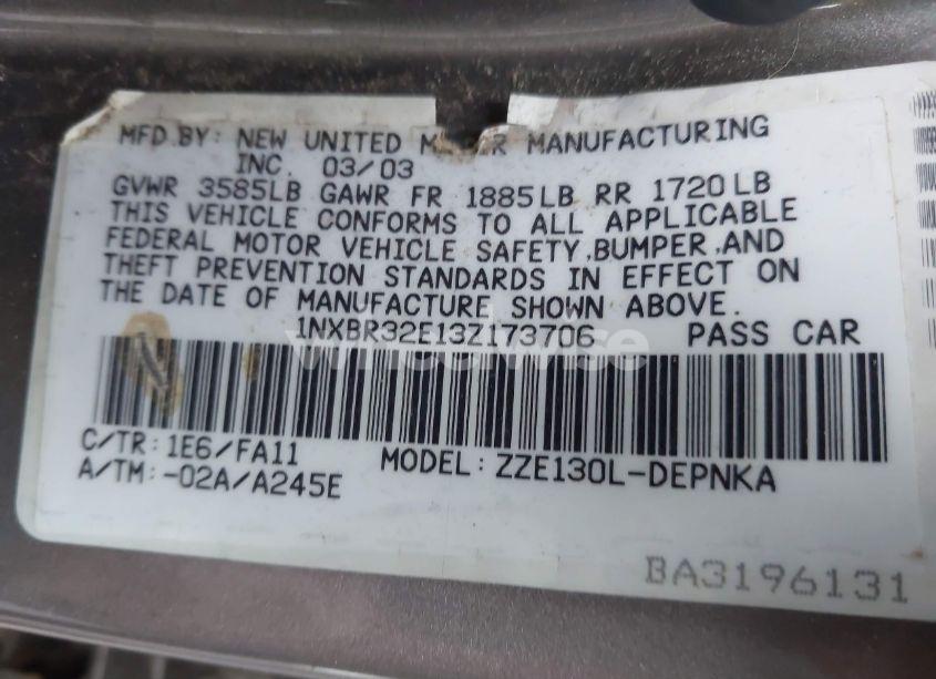 Photo 9 of 2003 Toyota Corolla LE (VIN 1NXBR32E13Z173706)