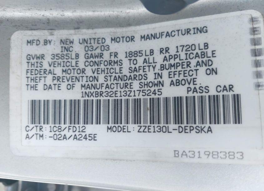 Photo 9 of 2003 Toyota Corolla S (VIN 1NXBR32E13Z175245)