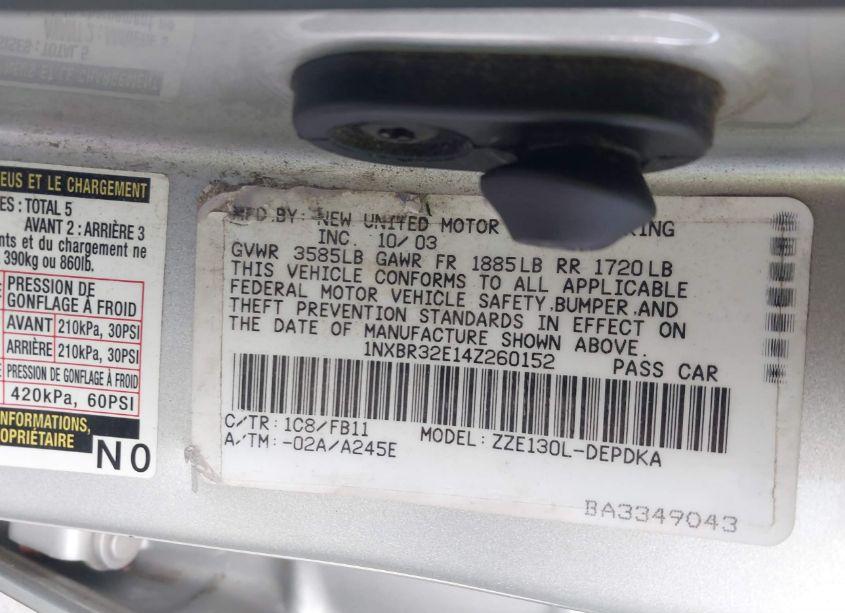 Photo 9 of 2004 Toyota Corolla CE (VIN 1NXBR32E14Z260152)