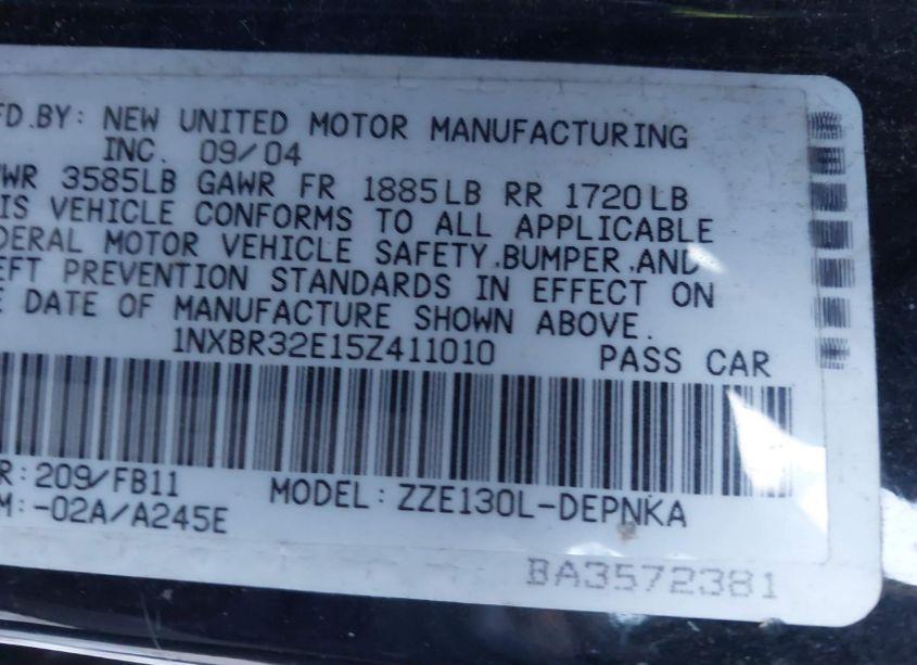 Photo 9 of 2005 Toyota Corolla LE (VIN 1NXBR32E15Z411010)