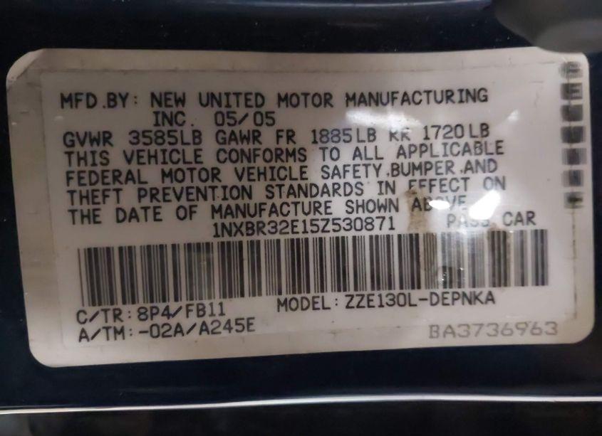 Photo 9 of 2005 Toyota Corolla LE (VIN 1NXBR32E15Z530871)