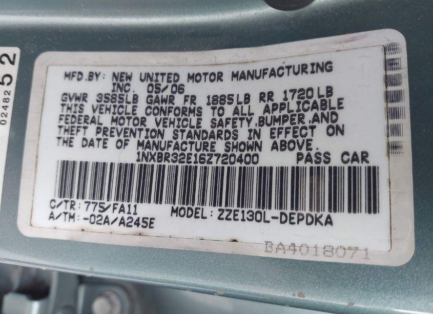 Photo 9 of 2006 Toyota Corolla CE (VIN 1NXBR32E16Z720400)