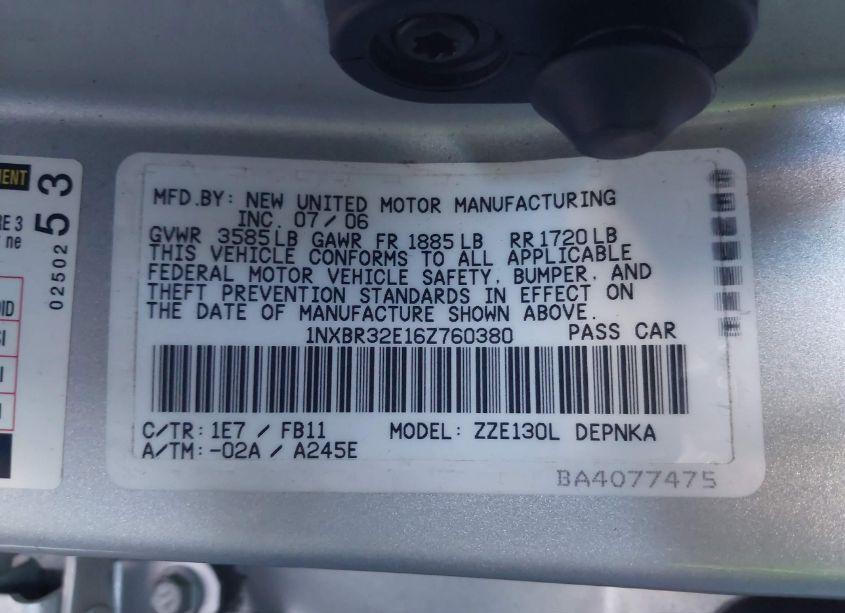 Photo 9 of 2006 Toyota Corolla LE (VIN 1NXBR32E16Z760380)