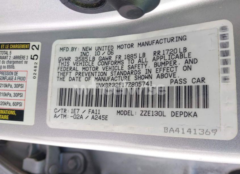 Photo 9 of 2007 Toyota Corolla CE (VIN 1NXBR32E17Z805741)