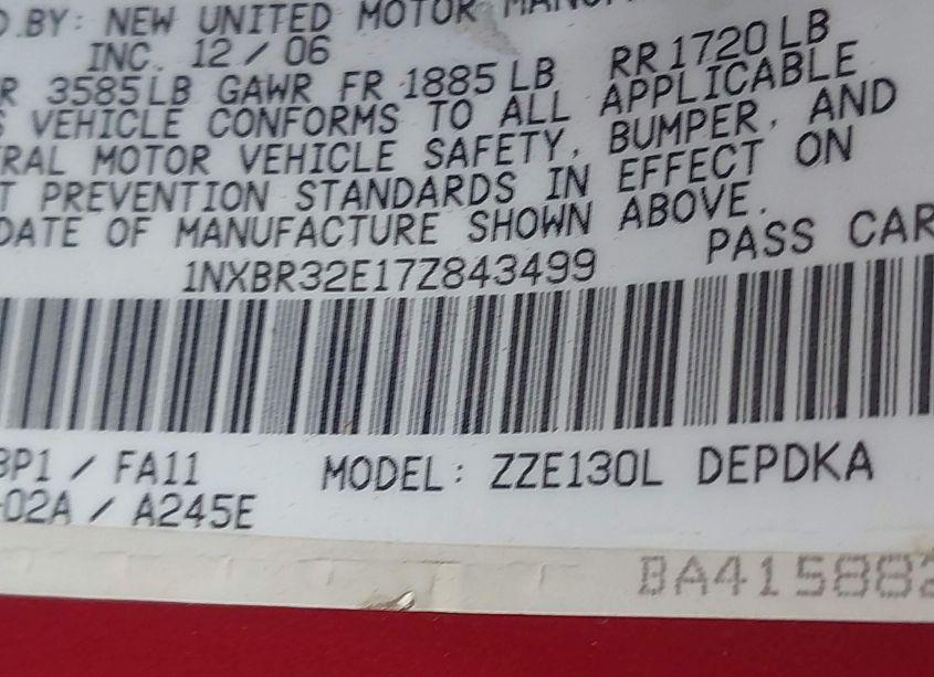 Photo 9 of 2007 Toyota Corolla CE (VIN 1NXBR32E17Z843499)