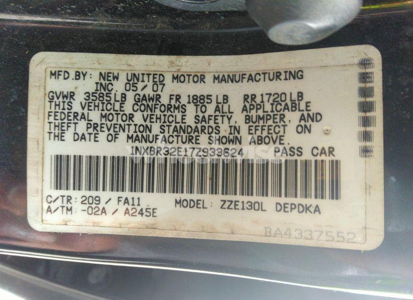 Photo 9 of 2007 Toyota Corolla CE (VIN 1NXBR32E17Z933624)