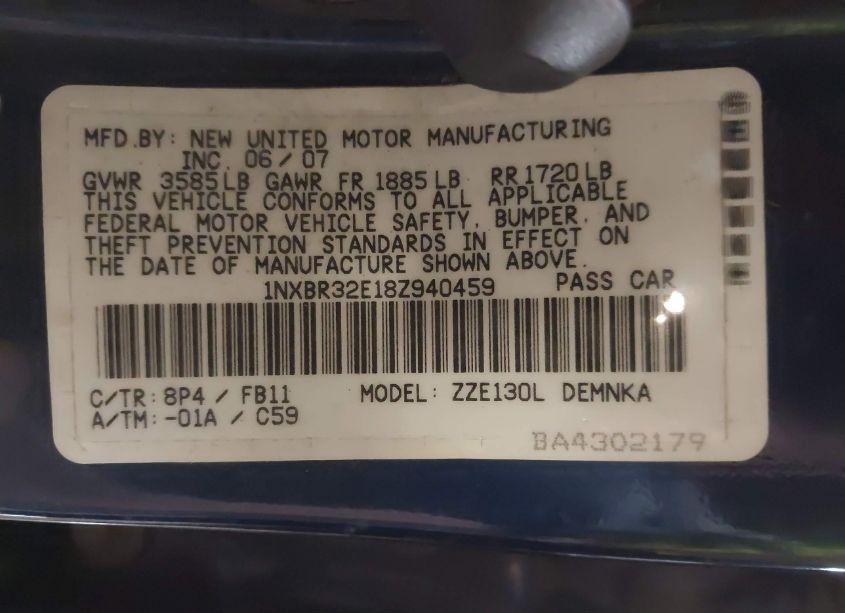 Photo 9 of 2008 Toyota Corolla LE (VIN 1NXBR32E18Z940459)