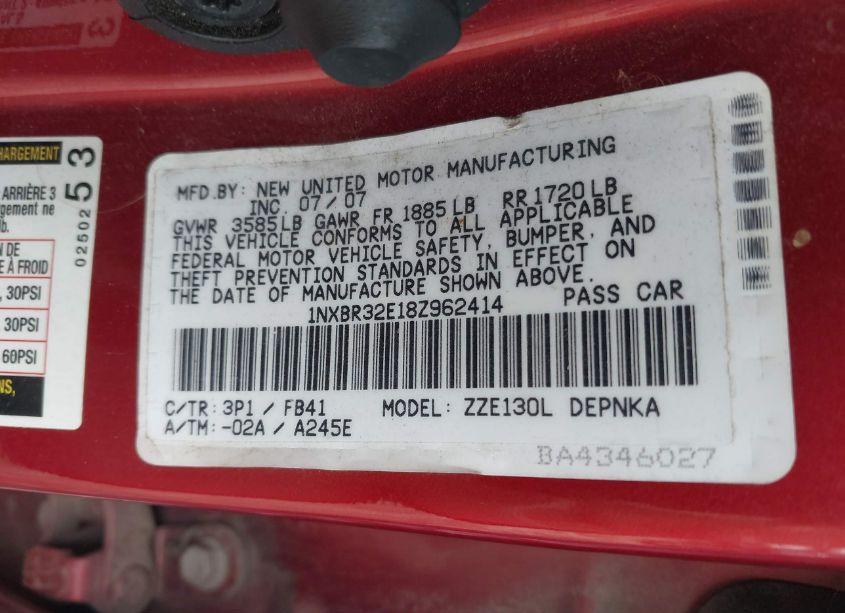 Photo 9 of 2008 Toyota Corolla LE (VIN 1NXBR32E18Z962414)