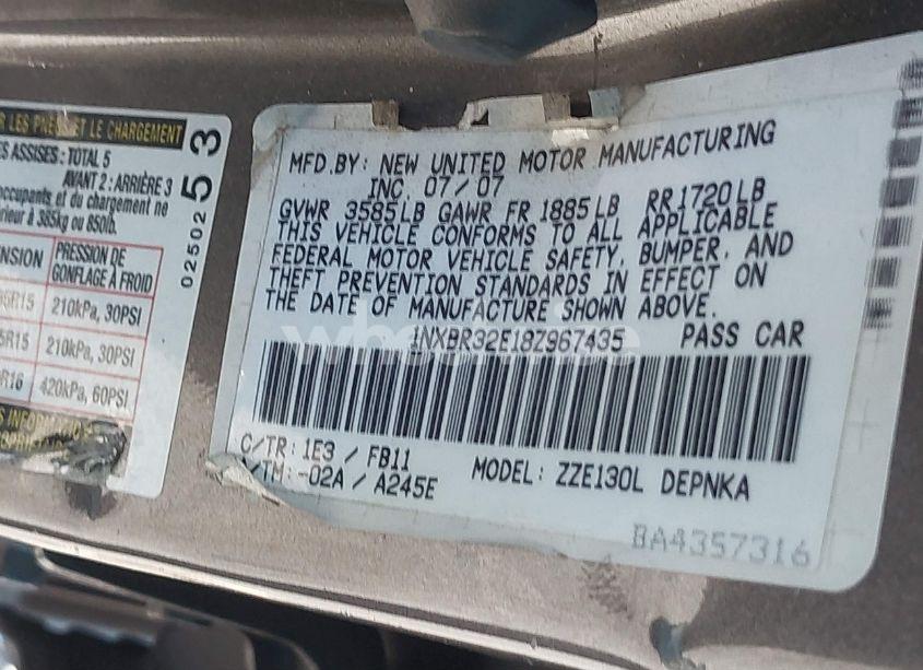 Photo 9 of 2008 Toyota Corolla LE (VIN 1NXBR32E18Z967435)