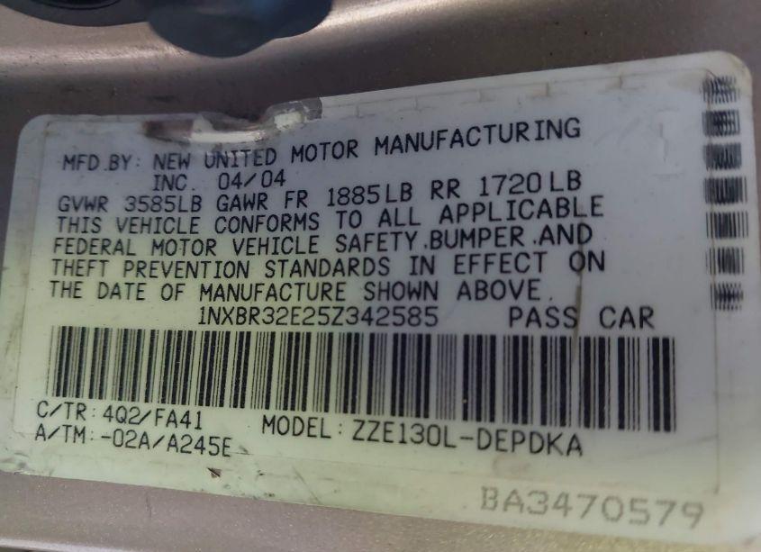 Photo 9 of 2005 Toyota Corolla CE (VIN 1NXBR32E25Z342585)