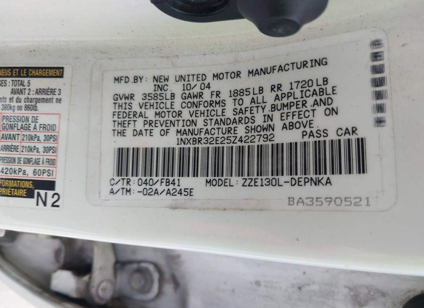 Photo 9 of 2005 Toyota Corolla LE (VIN 1NXBR32E25Z422792)