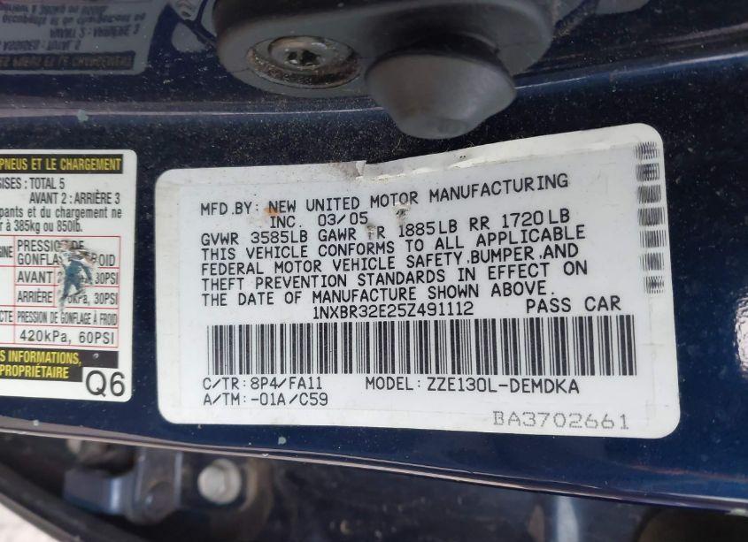 Photo 9 of 2005 Toyota Corolla CE (VIN 1NXBR32E25Z491112)