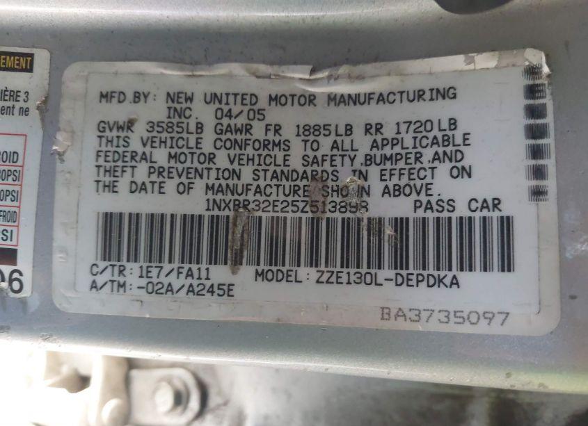 Photo 9 of 2005 Toyota Corolla CE (VIN 1NXBR32E25Z513898)