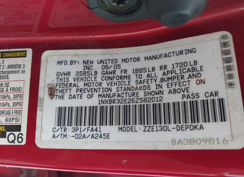 Photo 9 of 2006 Toyota Corolla CE (VIN 1NXBR32E26Z582012)