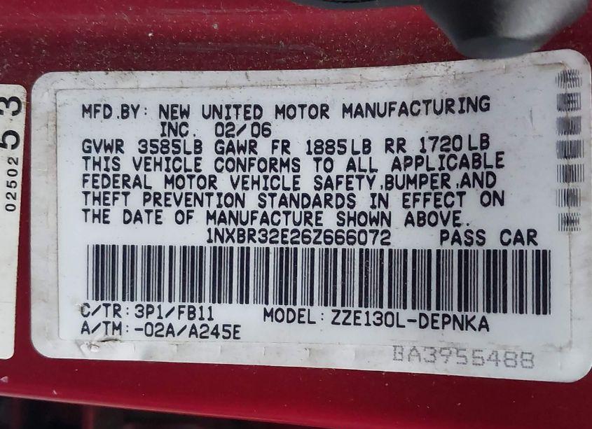 Photo 9 of 2006 Toyota Corolla LE (VIN 1NXBR32E26Z666072)