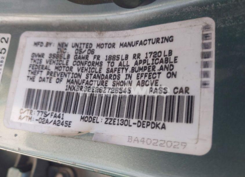 Photo 9 of 2006 Toyota Corolla CE (VIN 1NXBR32E26Z726545)